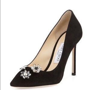 Jimmy Choo Jasmine Black Suede Crystal Button 100mm Pumps Size 38
